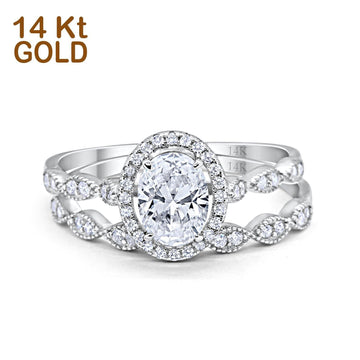14K White Gold Halo Bridal Set Piece Oval Engagement Wedding Ring Simulated CZ Size-7